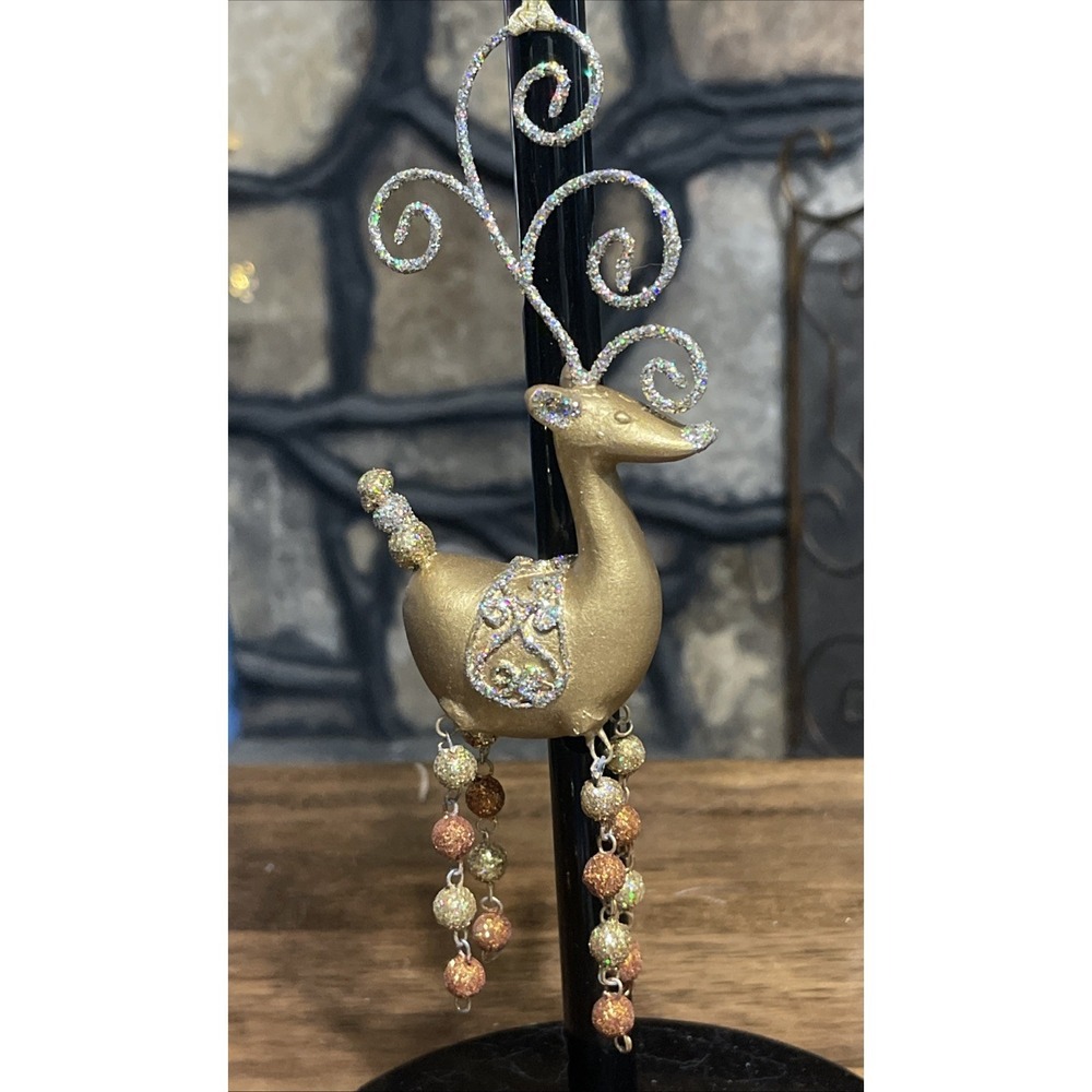 Pier 1 Reindeer Christmas ornament glittery gold style with beaded dangly legs